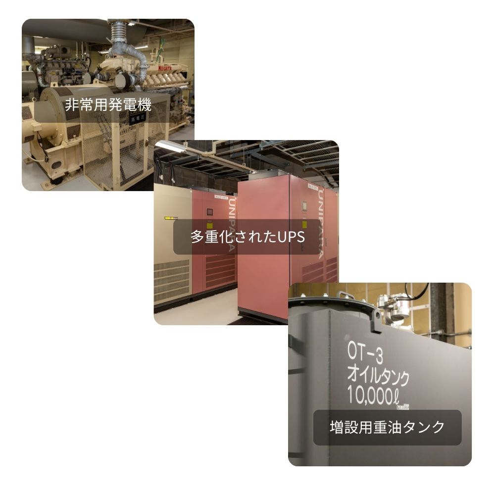 信頼の電源設備、多重化されたUPS、増設用重油タンク